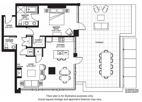 Floor plan for 1 bed, 1.5 baths, 1101 sqft